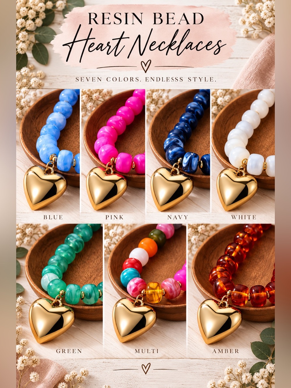 Color Your Wold Resin Beaded Gold Heart Necklaces 🩵🩷💙🤍💚💗🤎